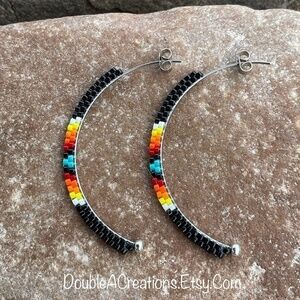 Black with Native Colors Bead Half Hoops, New, Handmade By Me